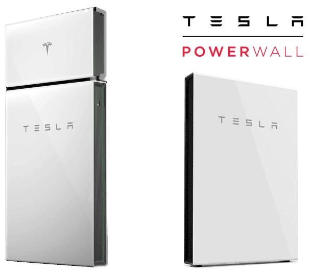 Two Tesla Powerwall units displayed against a white background, with the Tesla logo visible on each unit.