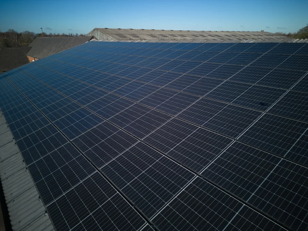 Large array of commercial solar panels installed on the roof of a farm building, under a clear sky.