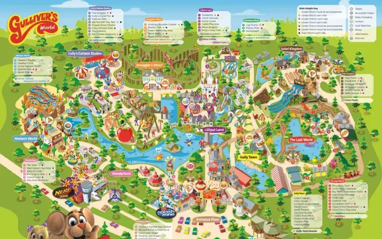 Colorful illustrated map of gulliver's world theme park, showcasing various attractions, rides, and themed areas labeled with names and icons.