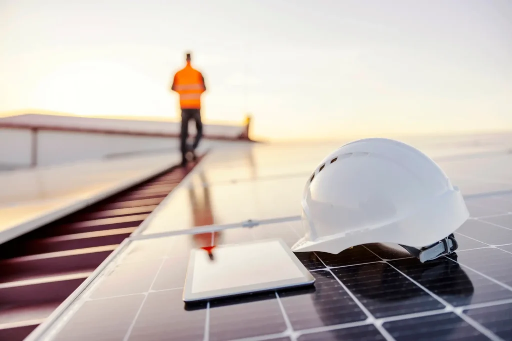 A hard hat and clipboard on a solar panel with a construction technician in the background during sunset.