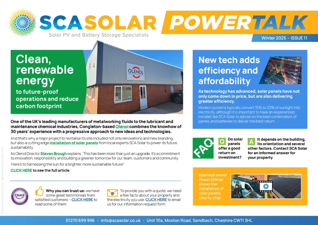A company newsletter page features articles about renewable energy, a new tech project, a customer testimonial, and an FAQ, with a photo of a red brick industrial building on the left.
